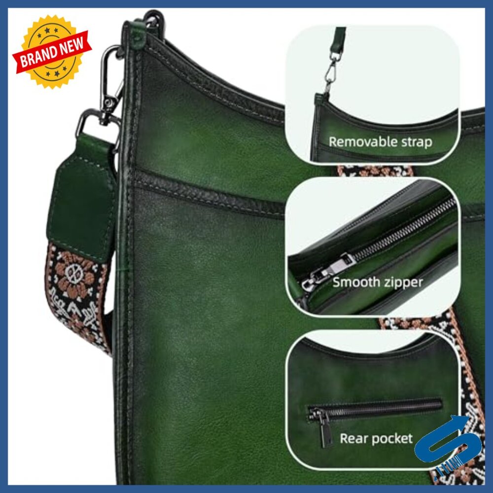 Genuine Leather Crossbody Bag with Boho Strap, Multiple Pockets, Adjustable - Picture 6 of 7